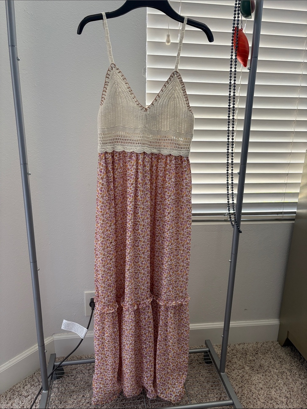 Zara Cream Crochet Bodice Pink Floral Maxi Dress